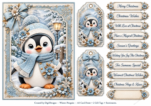 A5 Winter Penguin - Quick Card Front, Gift Tags and sentiments 