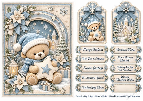 A5 Winter Teddy Joy - Quick Card Front, Gift Tags and sentiments 