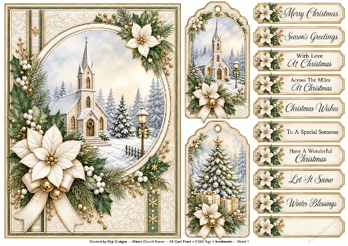 A5 Vintage Winter Church - Quick Card Front with Sentiments 