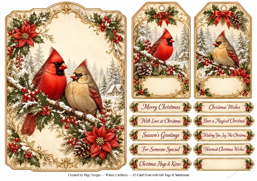 A5 Winter Cardinals - Quick Card Front with Sentiments 