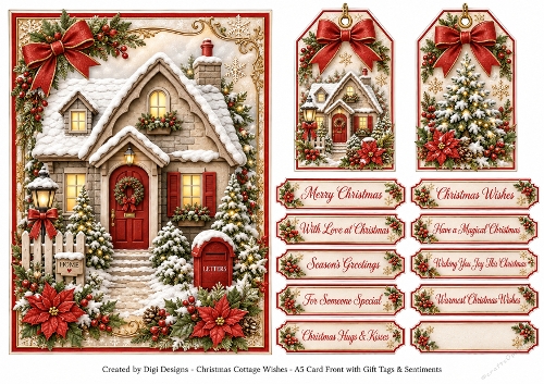 A5 Christmas Cottage - Quick Card Front with Sentiments 
