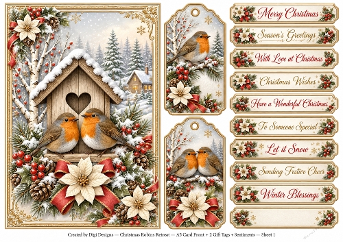 A5 Christmas Robins - Quick Card Front with Sentiments 