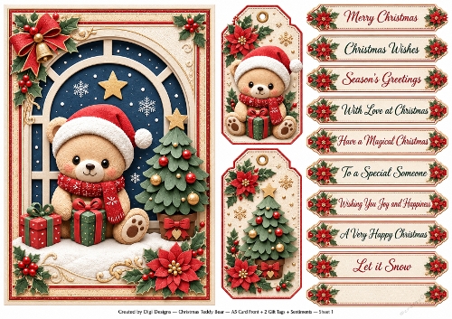 A5 Christmas Teddy Bear - Quick Card Front with Sentiments 