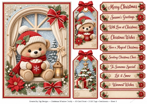 A5 Christmas Window Teddy - Quick Card Front with Sentiments 