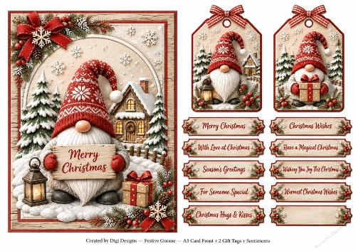 A5 Festive Gnome 2 - Quick Card Front with Sentiments 