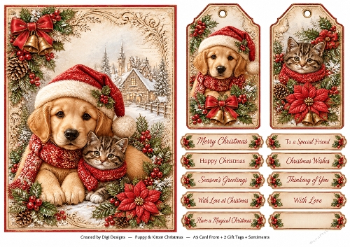 A5 Puppy & Kitten Christmas - Quick Card Front with Sentiments 
