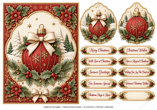 A5 Vintage Christmas Bauble - Quick Card Front with Sentiments 
