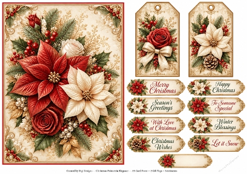 A5 Vintage Christmas Poinsettia - Quick Card Front with Sentiments 