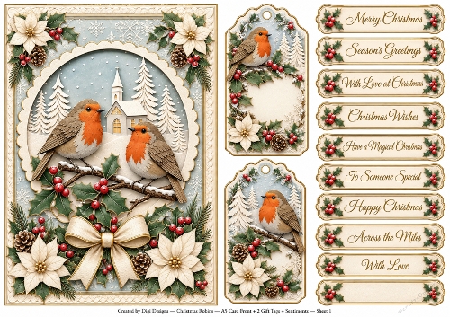 A5 Vintage Christmas Robin - Quick Card Front with Sentiments 
