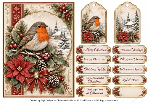 A5 Vintage Christmas Robin 2 - Quick Card Front with Sentiments 