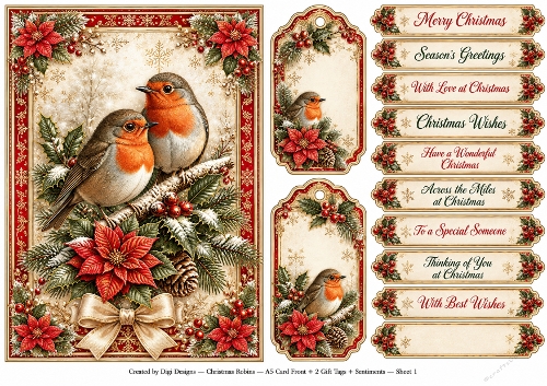 A5 Vintage Christmas Robin 3 - Quick Card Front with Sentiments 