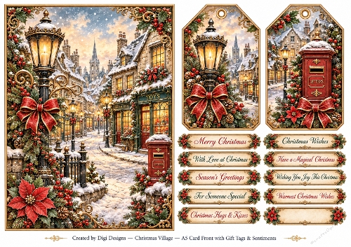 A5 Vintage Christmas Village - Quick Card Front with Sentiments 
