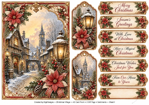 A5 Vintage Christmas Village 2 - Quick Card Front with Sentiments 