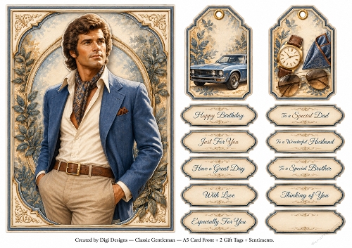 A5 Classic Gentleman Quick Card Front with Sentiments and Gift Tags  
