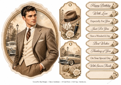 A5 Classic Gentleman 3 - Quick Card Front with Sentiments and Gift Tags  
