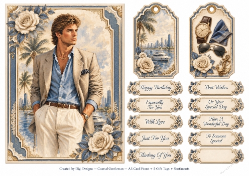 A5 Coastal Gentleman - Quick Card Front with Sentiments and Gift Tags  