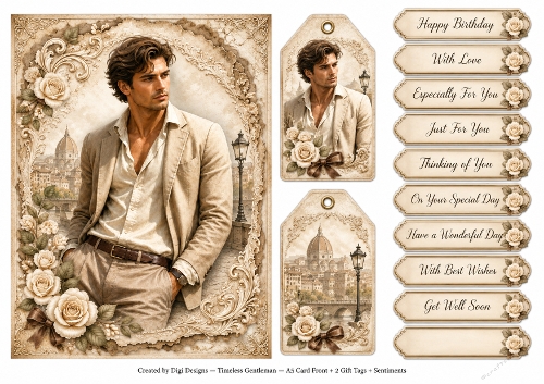 A5 Vintage Gentleman - Quick Card Front with Sentiments and Gift Tags  