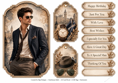 A5 Gentleman Style - Quick Card Front with Sentiments and Gift Tags  