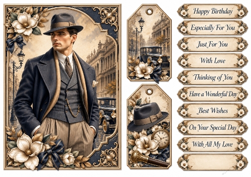 A5 Vintage Gentleman - Quick Card Front with Sentiments and Gift Tags  