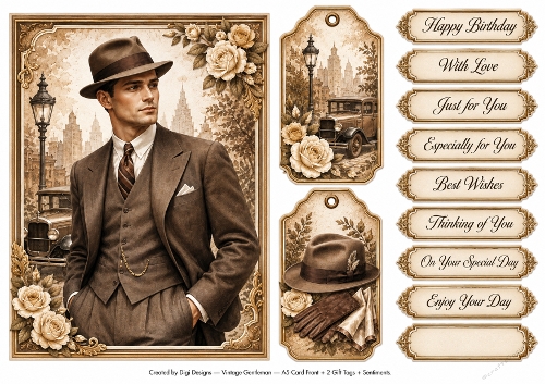 A5 Vintage Gentleman - Quick Card Front with Sentiments and Gift Tags  