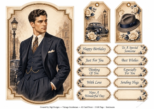 A5 Vintage Gentleman - Quick Card Front with Sentiments and Gift Tags  