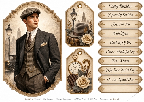 A5 Vintage Gentleman - Quick Card Front with Sentiments and Gift Tags  