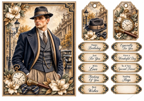 A5 Vintage Gentleman - Quick Card Front with Sentiments and Gift Tags  