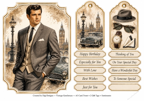 A5 Vintage Gentleman - Quick Card Front with Sentiments and Gift Tags  