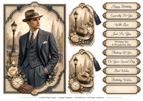 A5 Vintage Gentleman - Quick Card Front with Sentiments and Gift Tags  