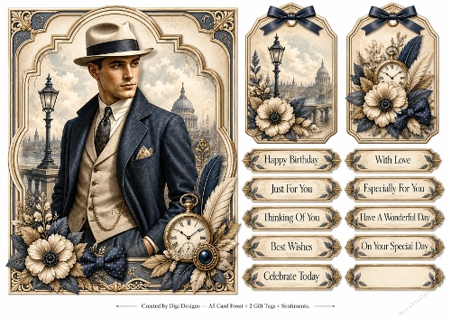A5 Vintage Gentleman - Quick Card Front with Sentiments and Gift Tags  