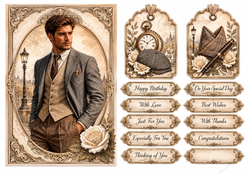 A5 Vintage Gentleman - Quick Card Front with Sentiments and Gift Tags  