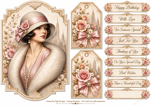 A5 Vintage Glamour Ladies Quick Card with sentiments and Gift Tags 