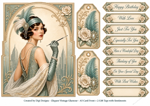 A5 Art Deco Flapper Ladies Quick Card with sentiments and Gift Tags 