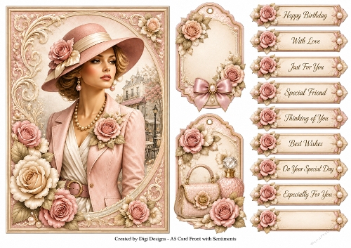 A5 Vintage Rose Parisian Ladies Quick Card with sentiments and Gift Tags 