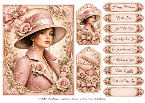 A5 Vintage Rose Ladies Quick Card with sentiments and Gift Tags 