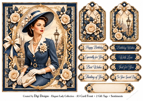 A5 Elegant Vintage Ladies Quick Card with sentiments and Gift Tags 