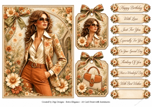 A5 Retro Elegance Ladies Quick Card with sentiments and Gift Tags 