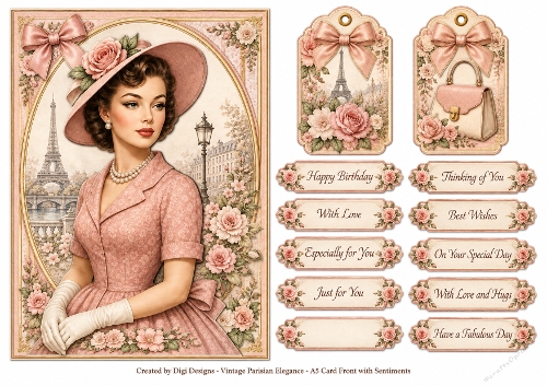 A5 Vintage Parisian Ladies Quick Card with sentiments and Gift Tags 