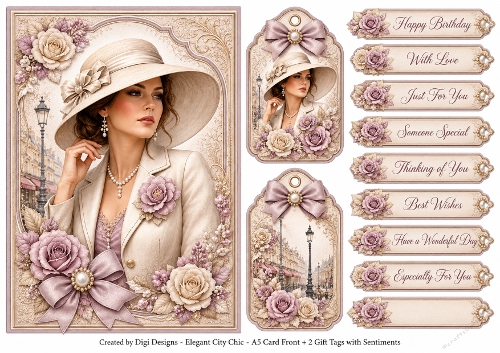 A5 Elegant Vintage City Chic Ladies Quick Card with sentiments and Gift Tags 