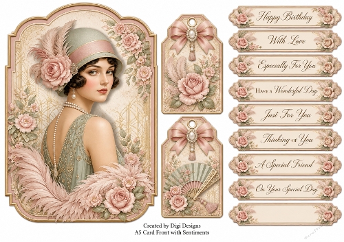 A5 Vintage Art Deco Flapper Ladies Quick Card with sentiments and Gift Tags 