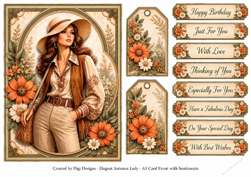 A5 Elegant Autumn Ladies Quick Card with sentiments and Gift Tags 