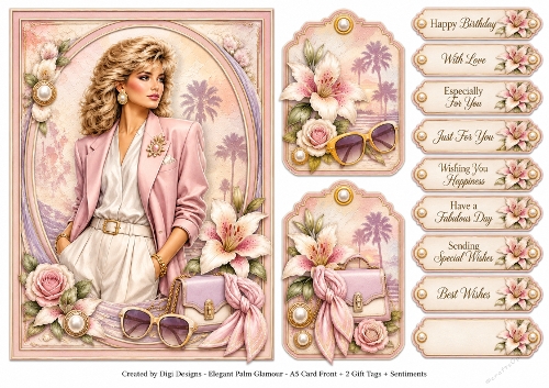 A5 Elegant Palm Glamour Ladies Quick Card with sentiments and Gift Tags 
