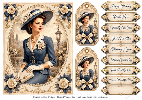 A5 Elegant Vintage Ladies Quick Card with sentiments and Gift Tags 