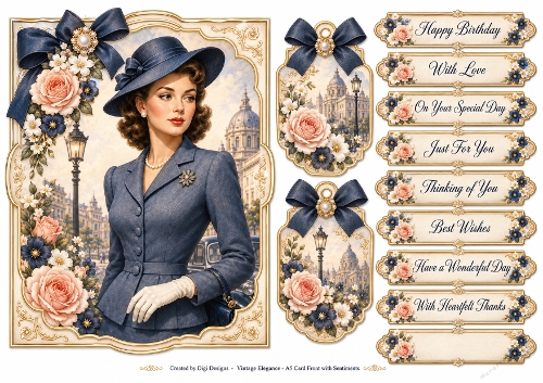 A5 Vintage Elegance Quick Card with sentiments and Gift Tags 