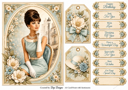 A5 Vintage Parisian Lady Quick Card with sentiments and Gift Tags 