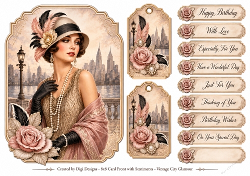 A5 Vintage Art Deco Flapper Lady Quick Card with sentiments and Gift Tags 