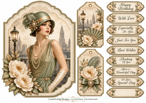 A5 Vintage Art Deco Flapper Lady Quick Card with sentiments and Gift Tags 