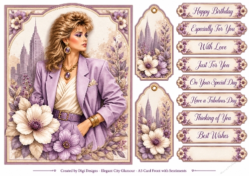 A5 Elegant City Glamour Lady Quick Card with sentiments and Gift Tags 