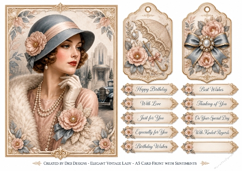 A5 Elegant Vintage Lady Quick Card with sentiments and Gift Tags 