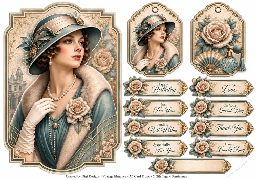 A5 Art Deco Vintage Lady Quick Card with sentiments and Gift Tags 